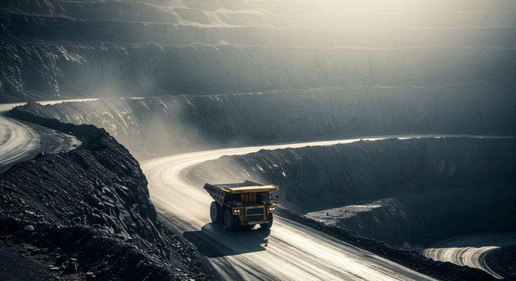 Massive dump truck navigates vast open pit mine under dramatic sky